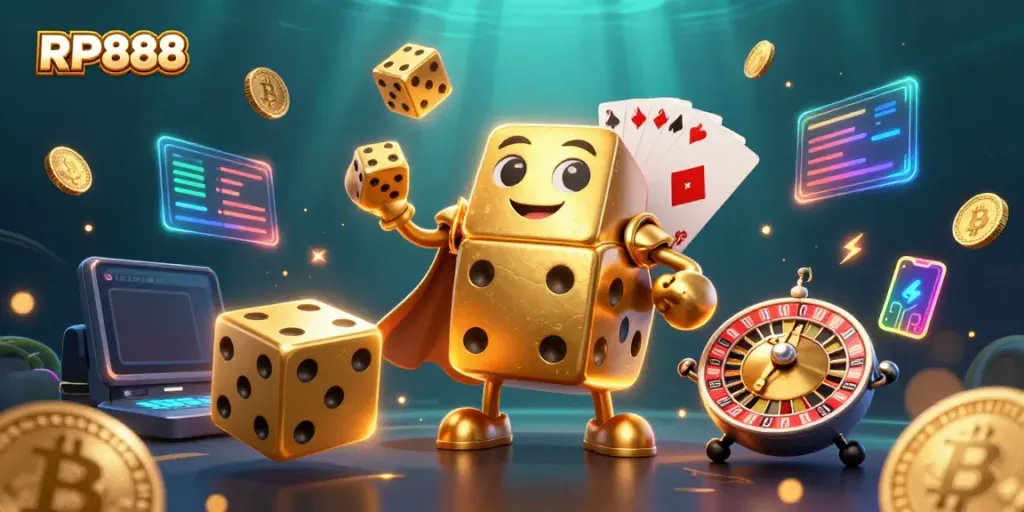 Engage with RP888's thrilling gameplay featuring golden dice and vibrant cryptocurrencies in an immersive casino scene.