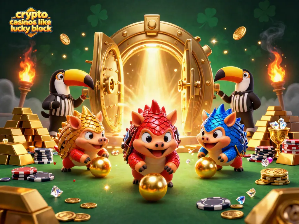 Experience the excitement of crypto casinos like Lucky Block with pangolins rolling golden balls in a vibrant casino scene.