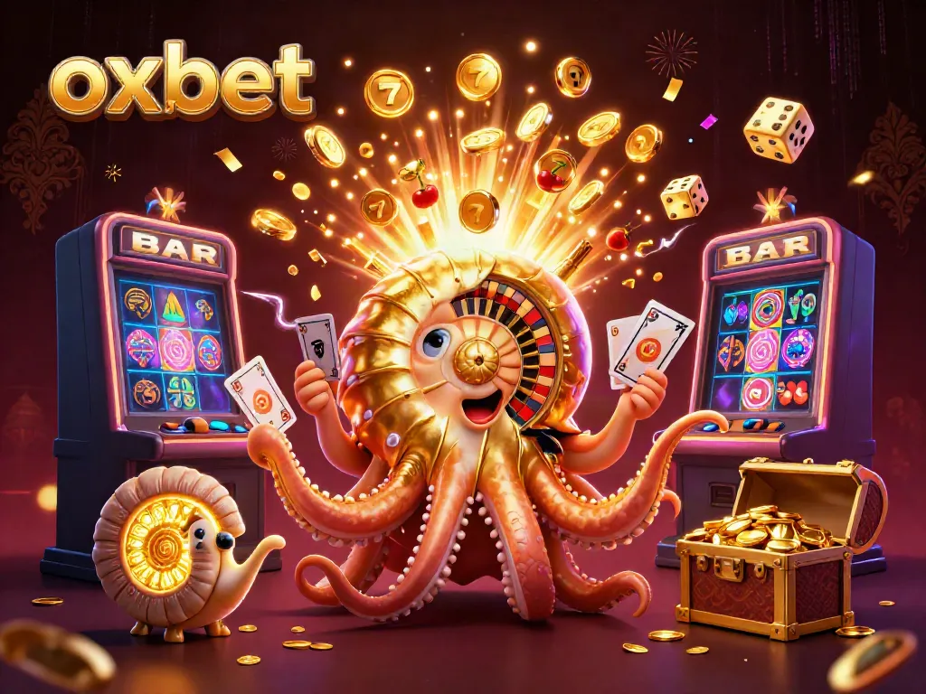 Engage with the thrilling world of OXBET with a 3D nautilus and casino elements illustrating a jackpot explosion.