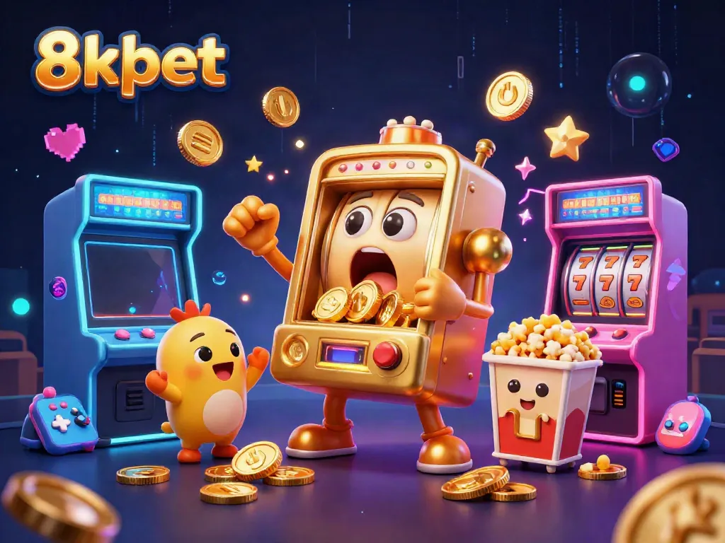 Experience the excitement of 8xbet as a golden slot machine hits a jackpot, surrounded by cheering mini slots.