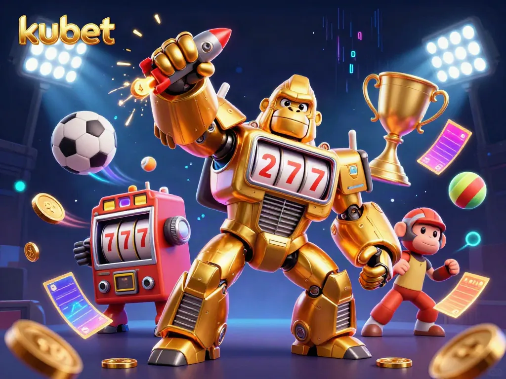 Kubet's 3D illustration showcases a golden gorilla mech inspiring excitement in the gaming world with dynamic sports elements.