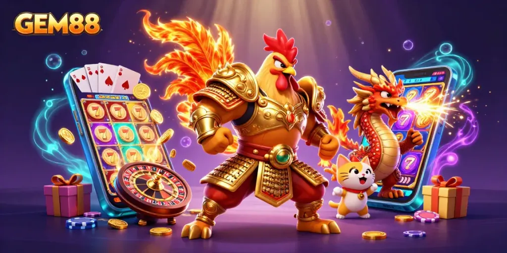 Win big with GEM88 in an enchanting 3D casino illustration featuring dynamic characters and gaming elements.