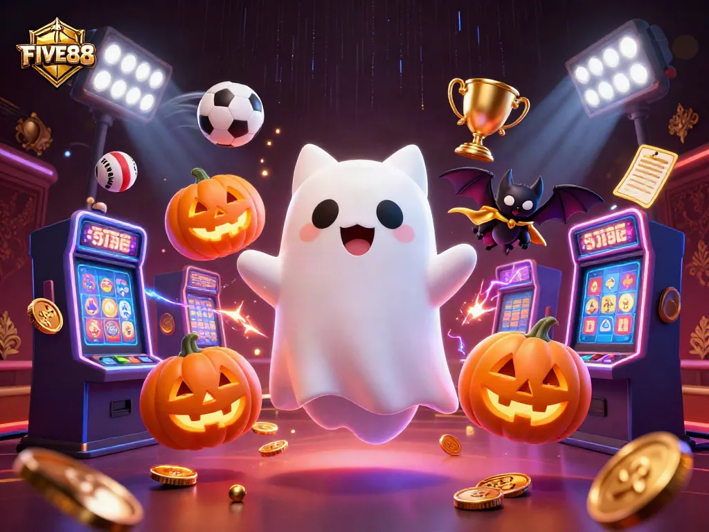 Experience thrilling excitement in an online casino with FIVE88 featuring ghostly characters, sports elements, and vibrant visuals.