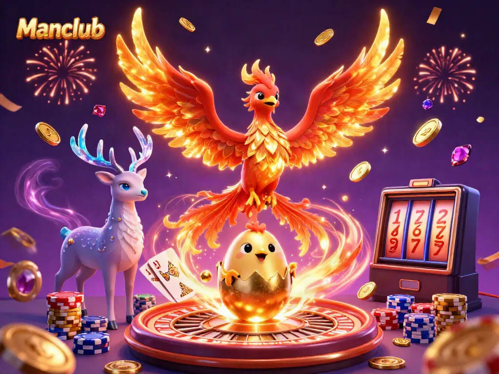 Experience the magic of gaming at Manclub with vibrant phoenixes, spinning roulette, and winning poker hands.