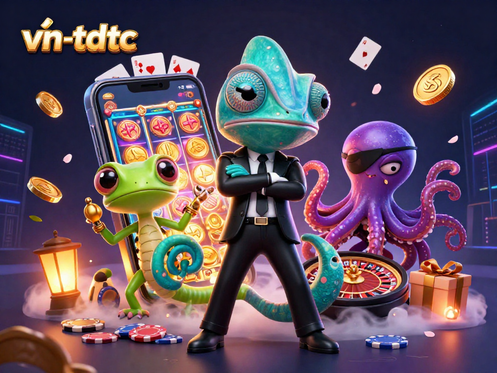Engaging scene with vn-tdtc characters showcasing exciting slot game action surrounded by dynamic casino elements