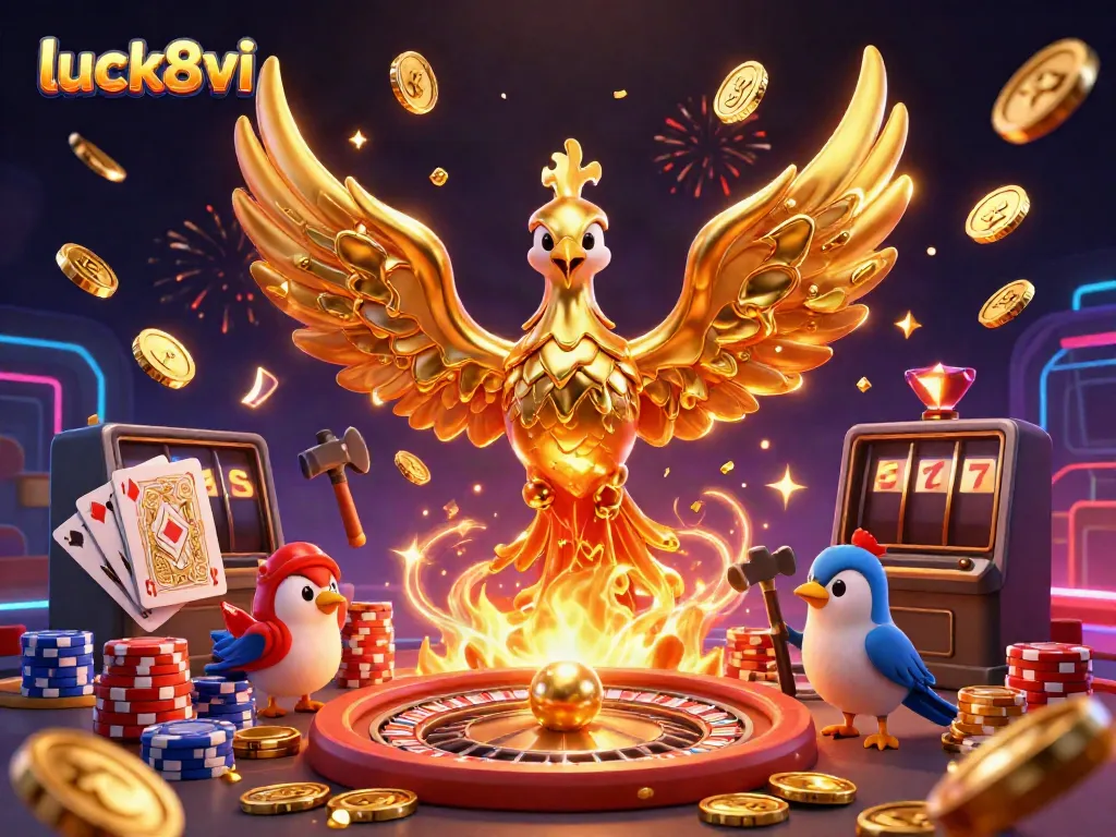 Experience excitement with luck8vi as the golden phoenix rises amidst cascading coins and gems.