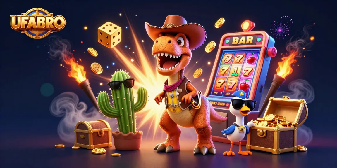 Spin and win at UFABRO with a dynamic scene featuring a jackpot explosion and engaging characters.