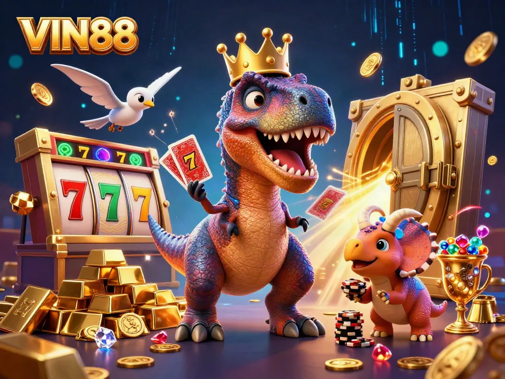 VIN88 showcases a T-Rex and friends engaging in exciting slot machine action with golden chips and jewels.