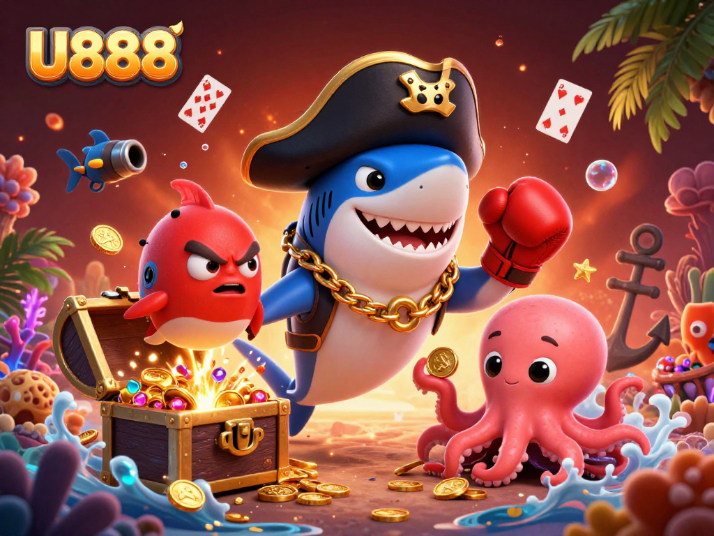 Win big with U888's exciting games featuring a pirate shark, pufferfish, and octopus!