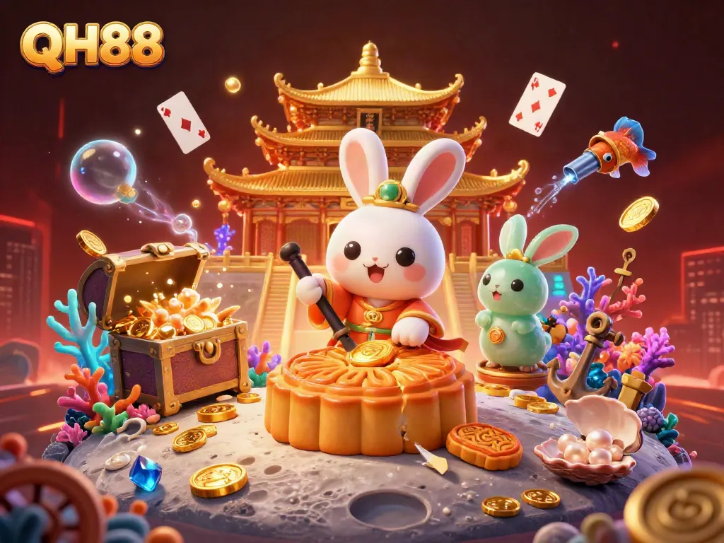 Experience winning thrills with QH88 as the moon rabbit reveals poker chips amidst vibrant casino elements.