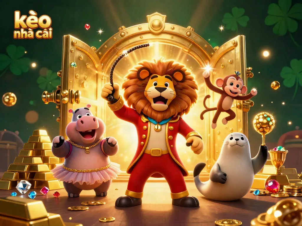 Engage with kèo nhà cái in a lively scene featuring animated casino characters, gold treasure, and dynamic gaming elements.