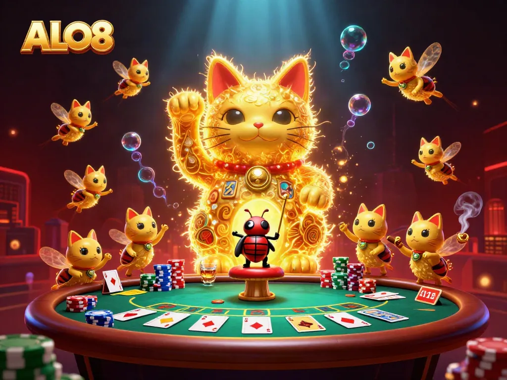 Experience the excitement of ALO8's vibrant casino atmosphere with a lucky cat and dynamic game elements.