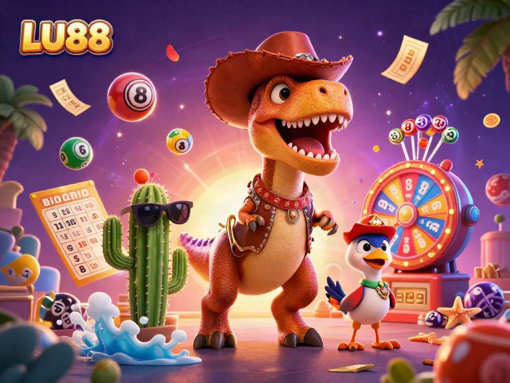 LU88's exciting lottery scene featuring a cowboy dinosaur, cactus, and roadrunner amidst vibrant lottery elements.
