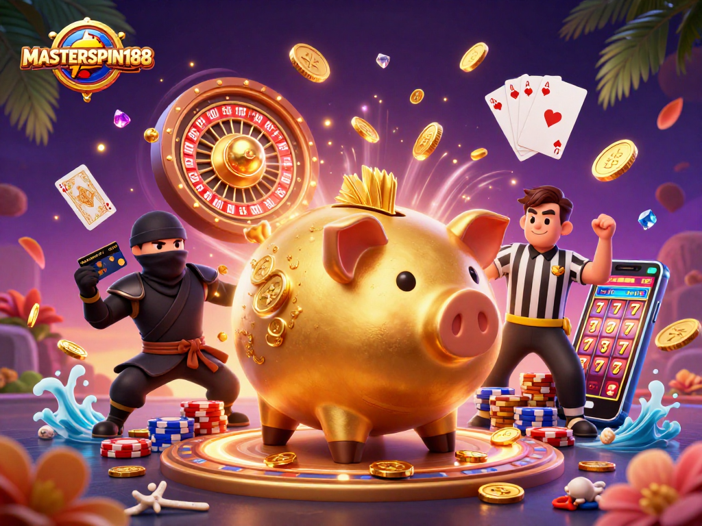 MASTERSPIN188 engages players with vibrant casino action, featuring piggy bank sumo wrestler and sparkling gems.