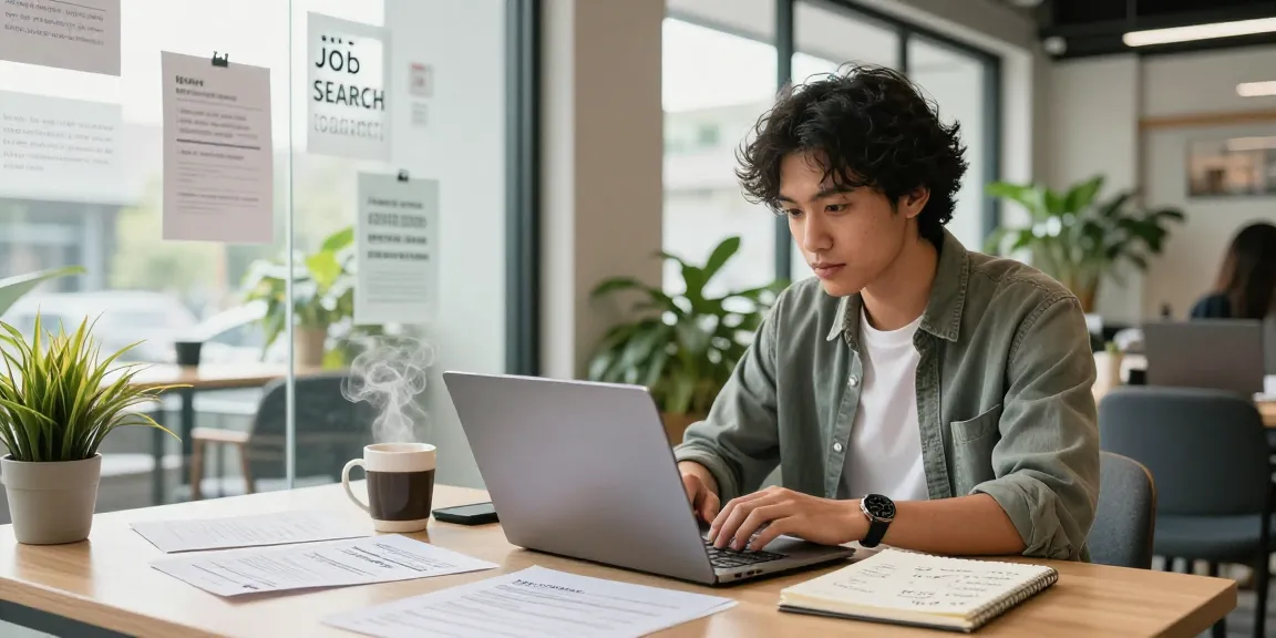 Dynamic job search scene showing a professional หางาน at a modern workspace with resumes and coffee.