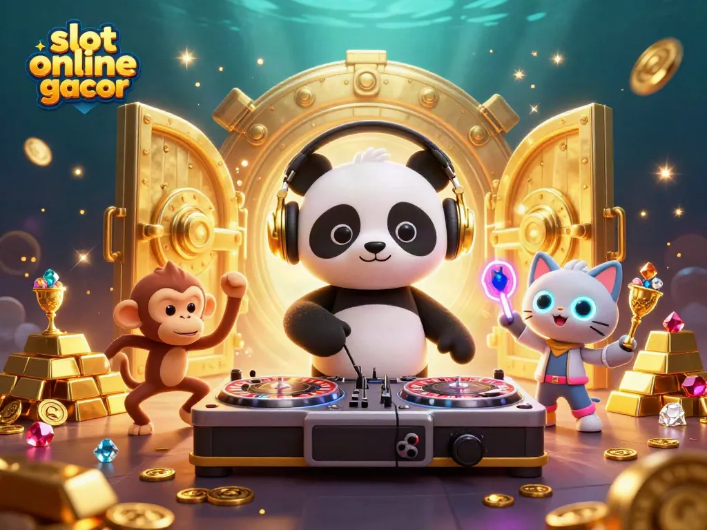 Gambar slot online gacor dengan karakter kartun DJ panda dan kucing bersenang-senang di kasino digital.