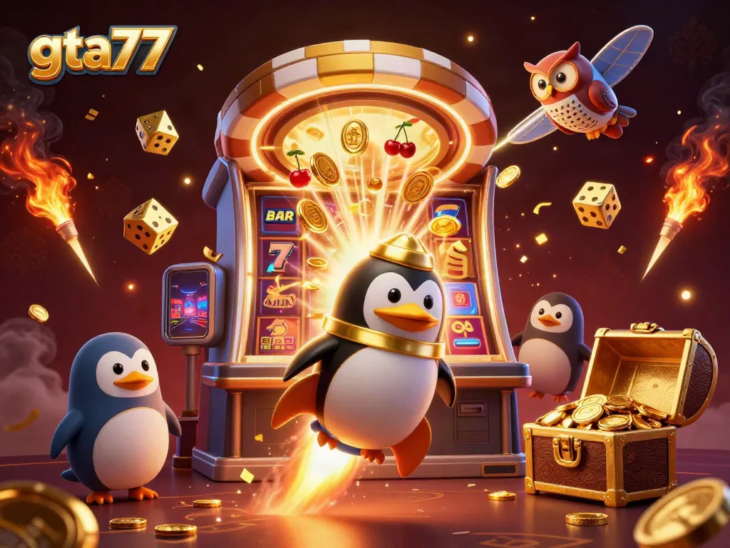 GTA77 menawarkan pengalaman bermain berupa cuplikan jackpot slot, dengan penguin emas peluncur roket dan simbol-simbol keberuntungan lainnya.
