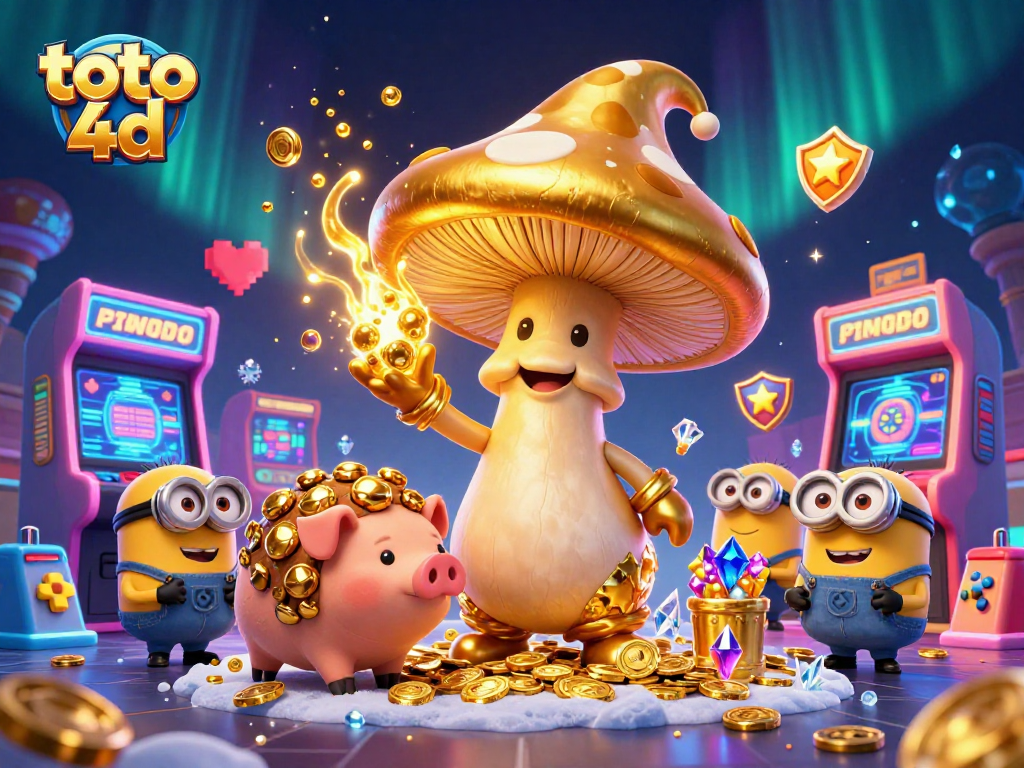 Experience the thrill of toto 4d gaming with magical characters and dynamic arcade elements in this vibrant illustration.