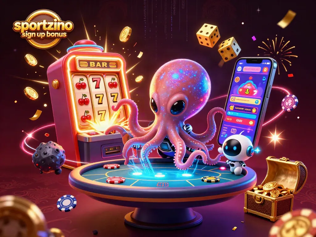Spin and play with the Sportzino sign up bonus, featuring an alien octopus and a vibrant casino scene.