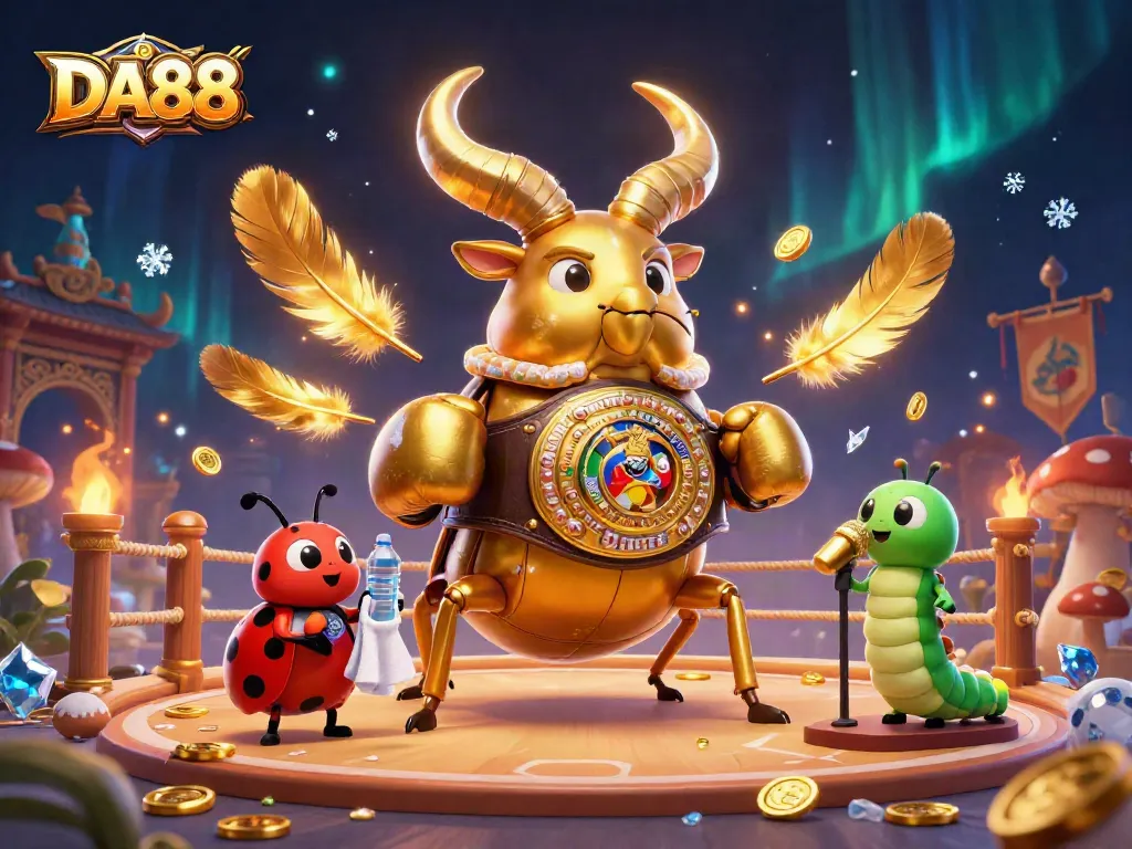 Experience the excitement of DA88 with a vibrant 3D scene of a golden stag beetle champion in a thrilling boxing match.