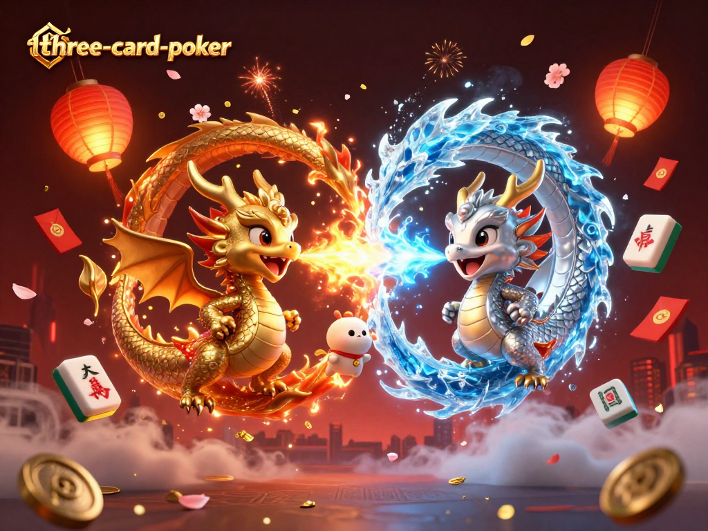 Engage in three-card-poker excitement with dynamic dragons and festive elements illustrating gameplay.