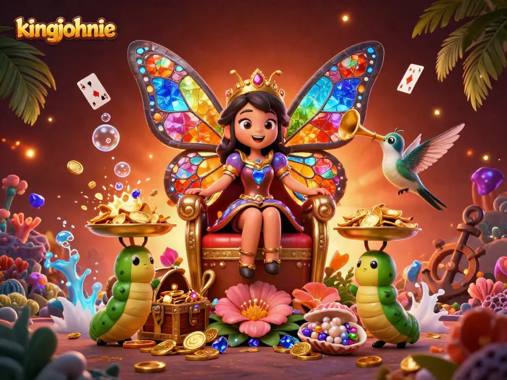 Experience the vibrant world of kingjohnnie, featuring a butterfly queen and dynamic casino elements.
