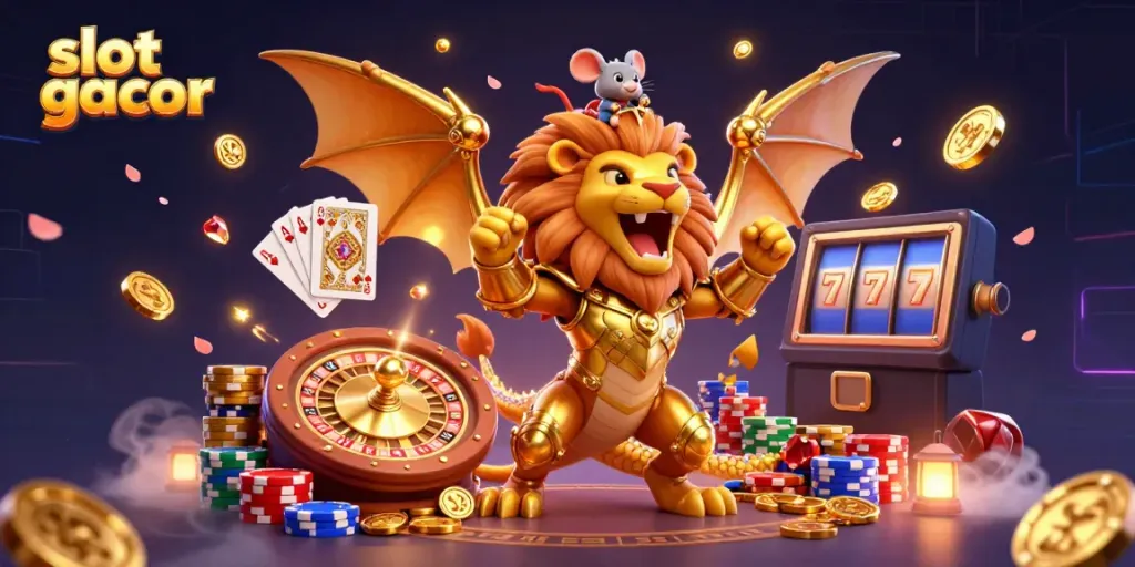Visualisasi slot gacor dengan karakter kartun dan elemen kasino yang kaya menarik perhatian pemain.