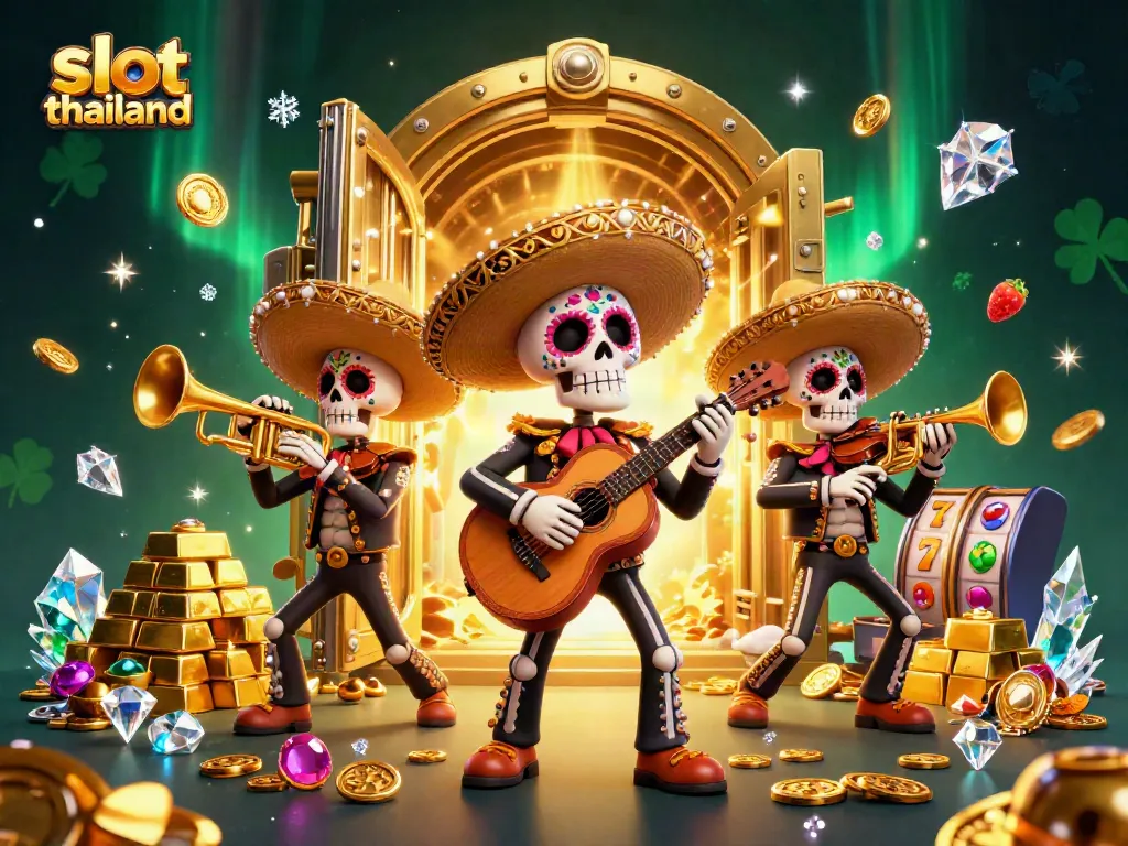 Play exciting slot thailand games amidst a vibrant mariachi band, gold treasures, and dynamic visuals.