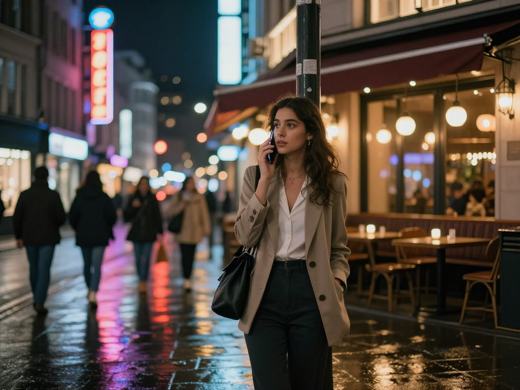 Gái gọi trò chuyện qua điện thoại trên phố đông người với ánh đèn neon.