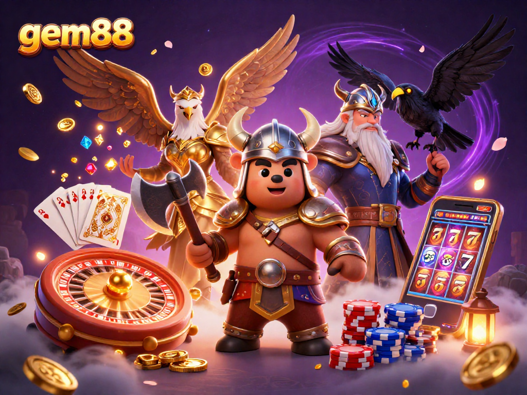 Win big with gem88 in this vibrant 3D illustration featuring epic casino elements.
