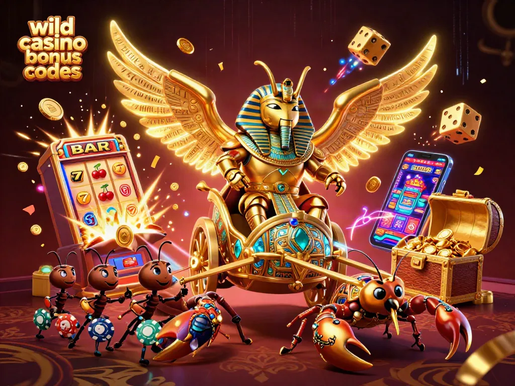Experience wild casino bonus codes with a vibrant scene of a golden scarab and dynamic slot elements