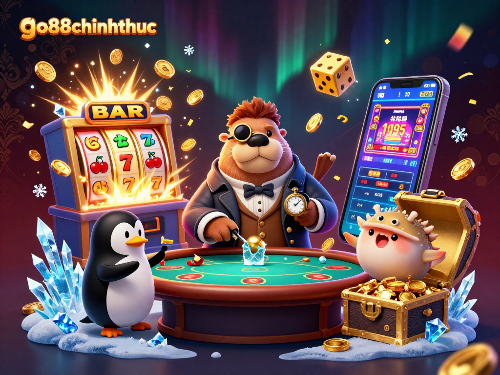 Go88chinhthuc showcases a jolly walrus playing poker underwater, surrounded by vibrant casino elements.