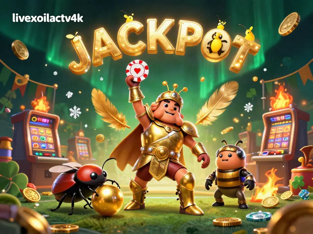 Experience excitement with livexoilactv4k as cartoon beetles cheer JACKPOT in a vibrant casino.
