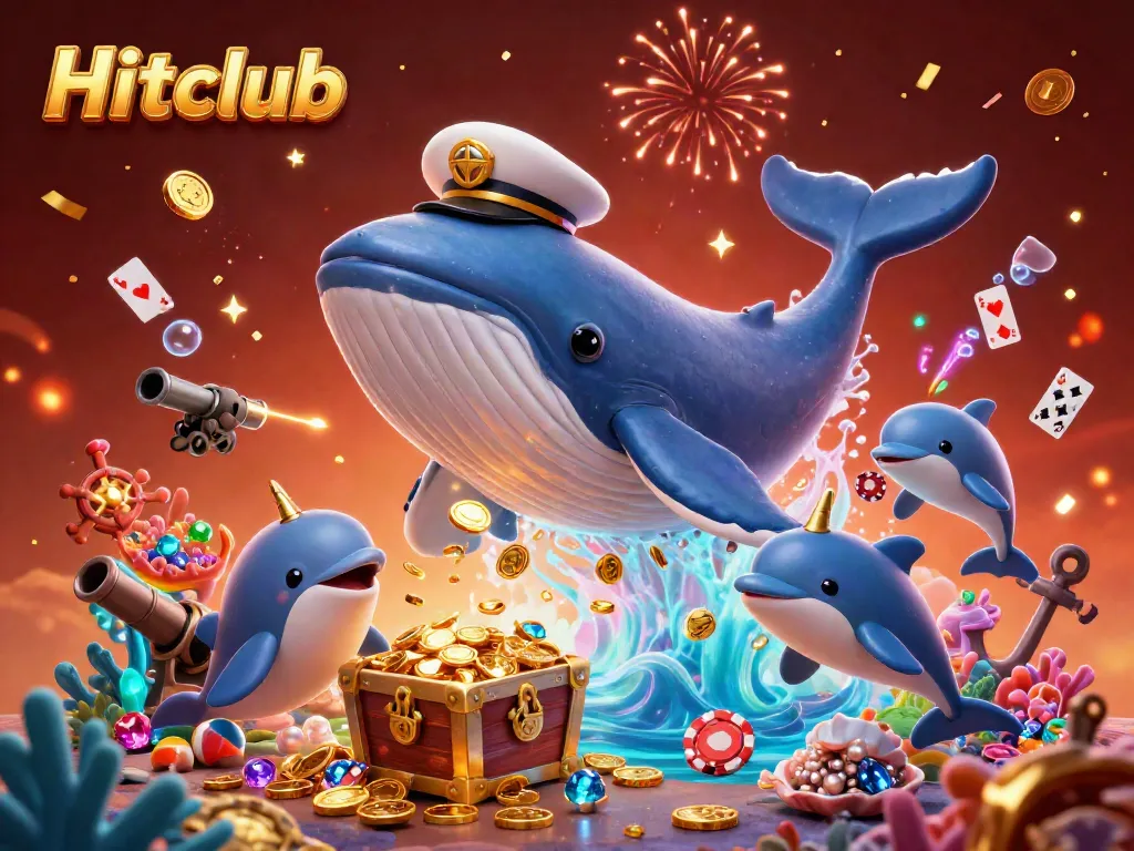 Hitclub offers a captivating casino experience with a whale, narwhal, and dolphins celebrating in a coin-filled ocean.