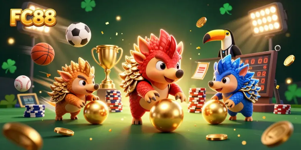 Experience thrilling FC88 action with rival pangolins bowling through poker chips in this vibrant illustration.