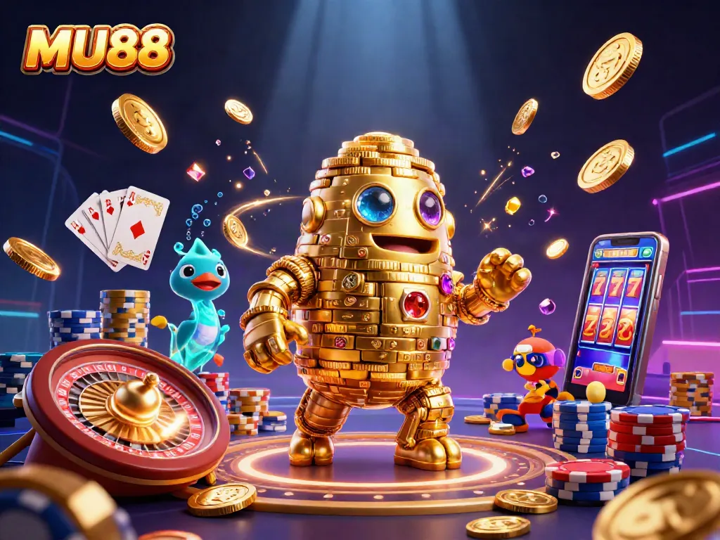 Experience the thrill of gaming with MU88, featuring a dynamic golden golem surrounded by jackpot elements.