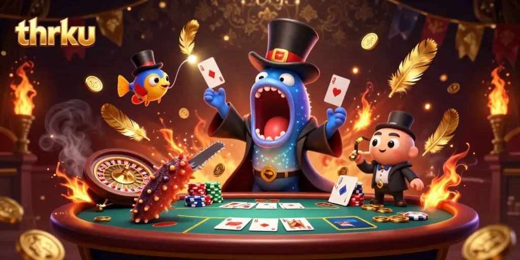 thrku showcases a bioluminescent eel holding cards, surrounded by gambling elements in an engaging casino scene.