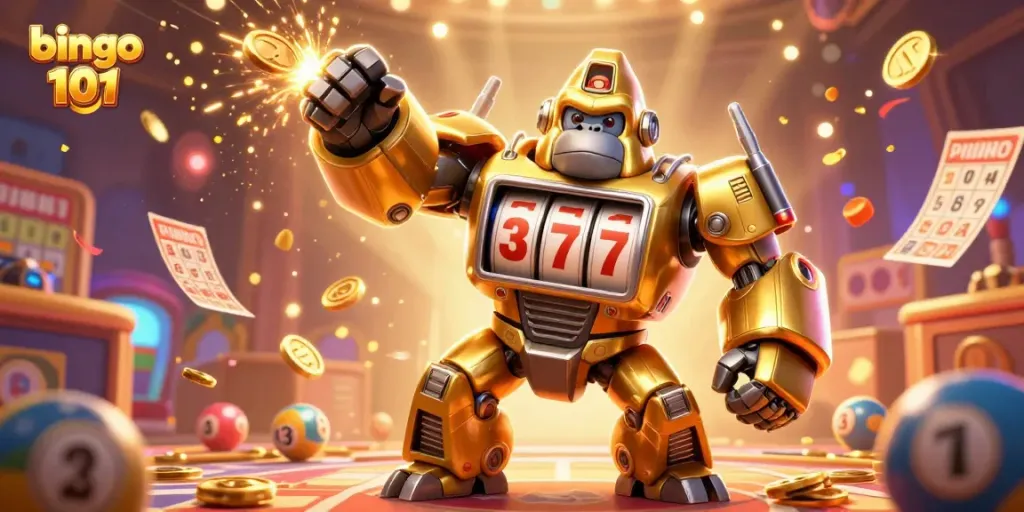 Rayakan bingo 101 dengan karakter gorilla emas dan bola bingo yang memenuhi panggung.
