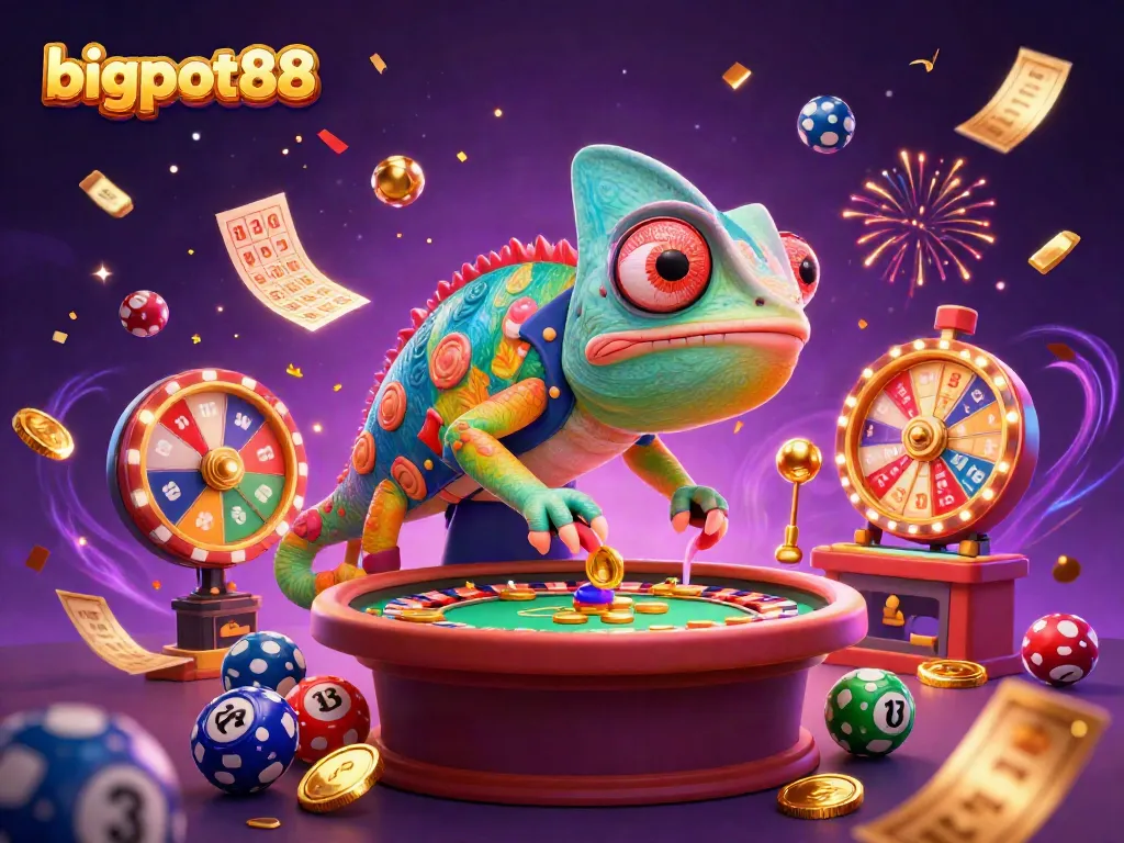 Permainan lotto seru dengan bigpot88 terlihat dalam ilustrasi 3D, bersama ikon kasino yang dinamis.
