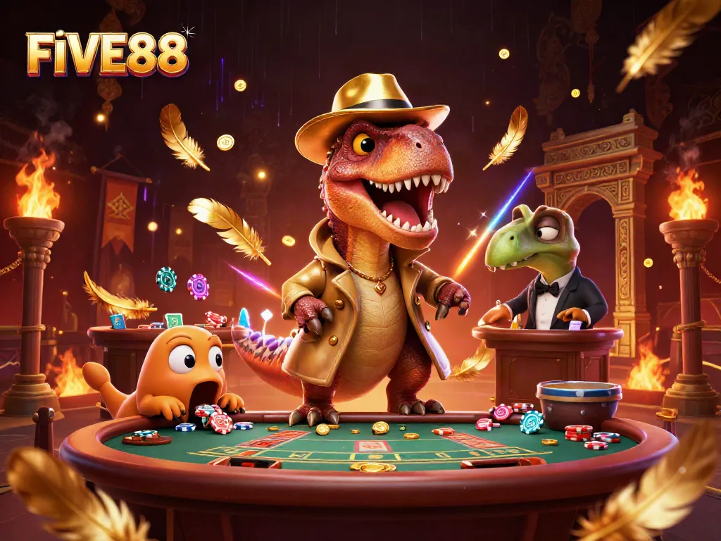 FIVE88 showcases a velociraptor card counter in a casino scene filled with action and vibrant gaming elements.