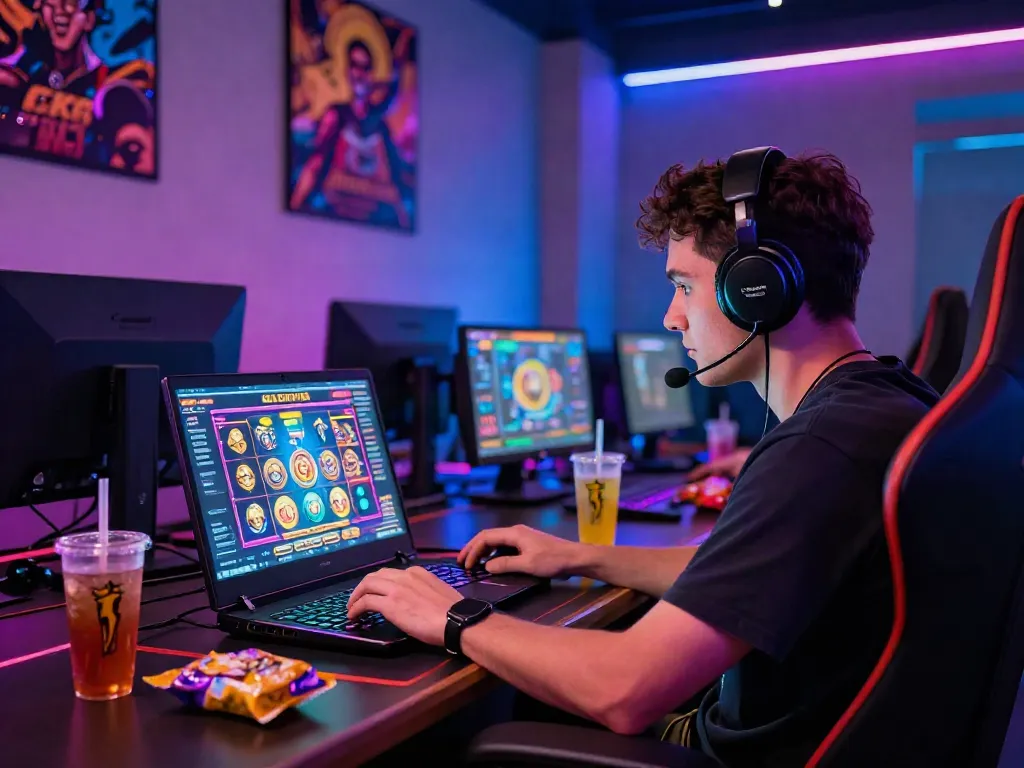 A player engaging with akunjp online slots at a modern gaming setup.