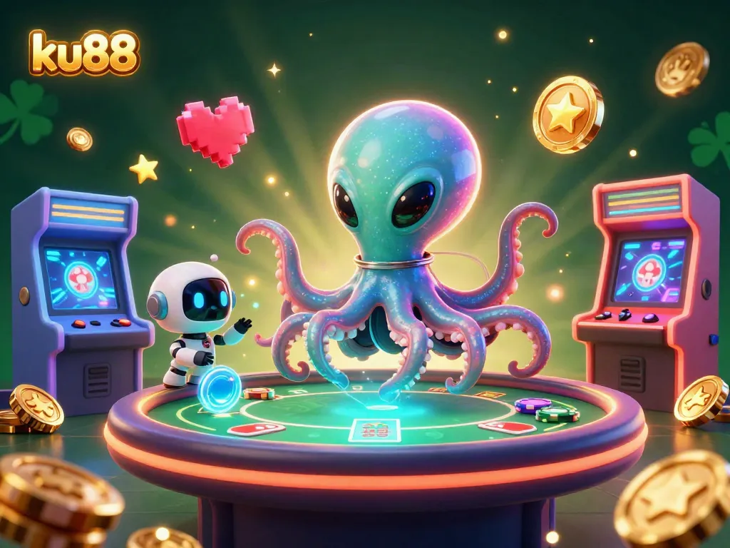 ku88 enhances gaming experiences with a vibrant holographic poker scene crafted in 3D digital illustration.
