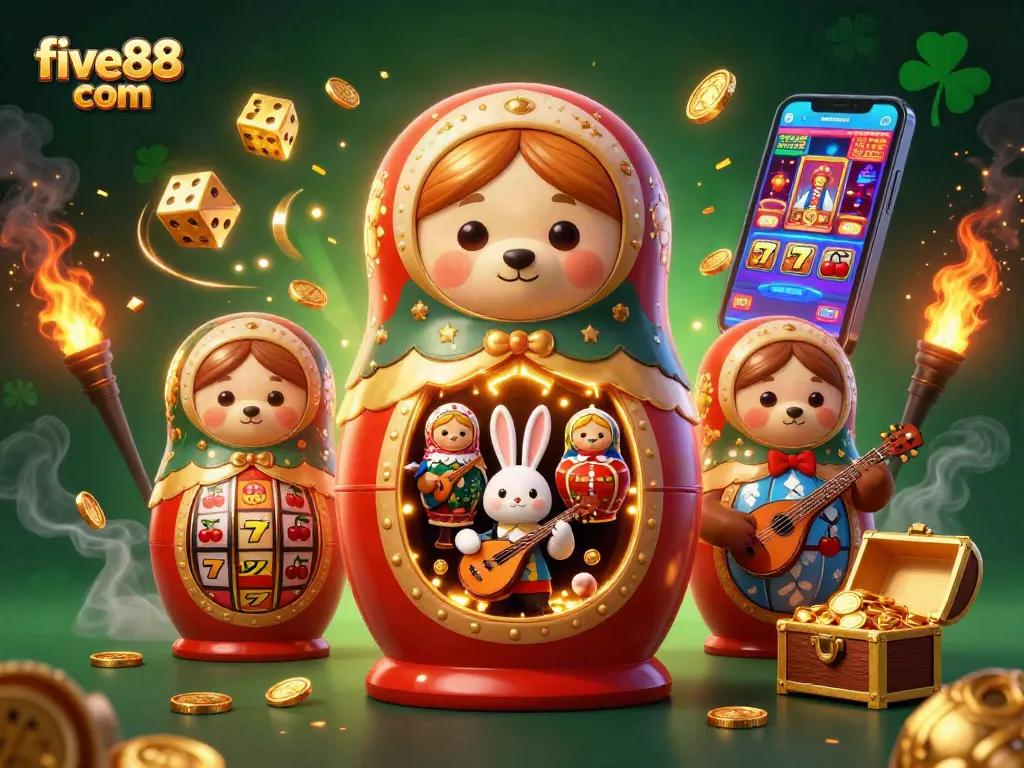 Experience the thrill of five88 com with 3D cartoon characters amidst a vibrant casino atmosphere filled with jackpots and games.