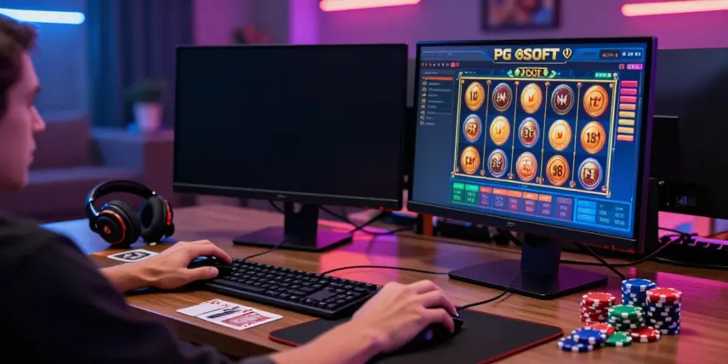 Engaging gaming scene showcasing situs slot gacor thailand with PG SOFT slots interface and vibrant environment.