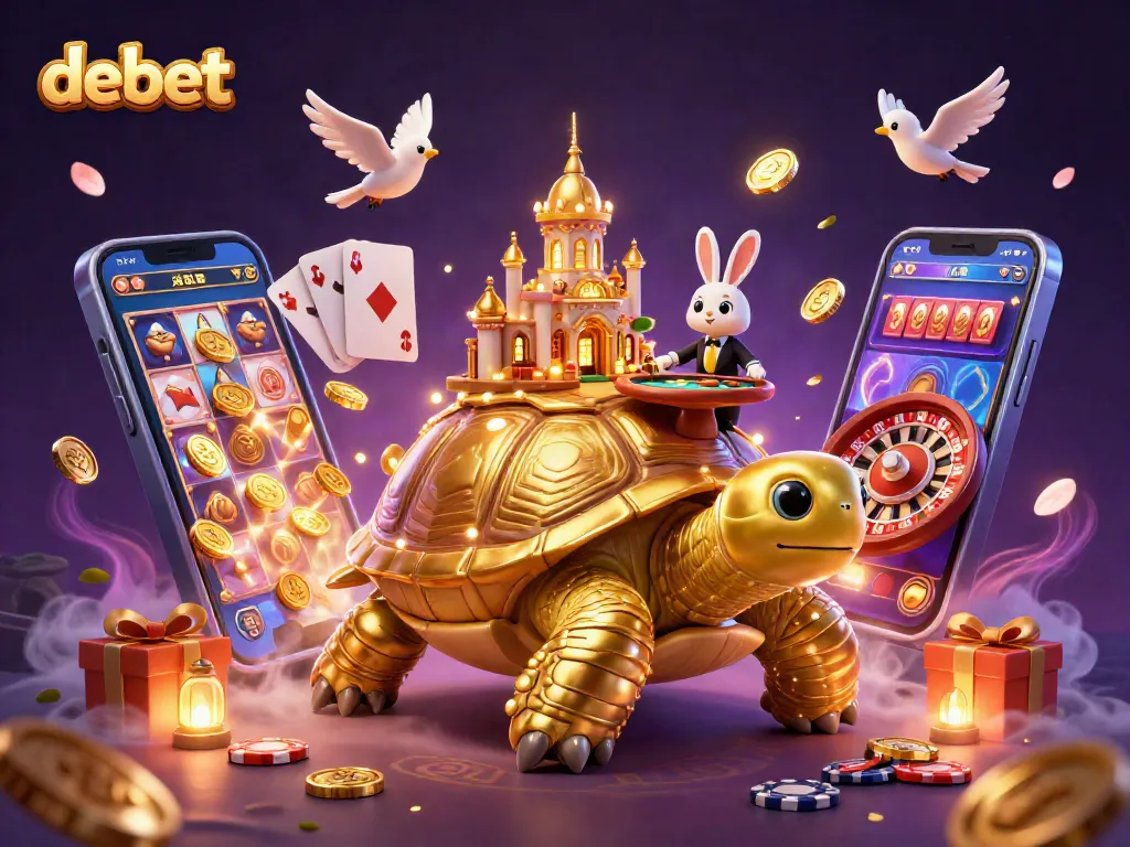 Experience big wins at debet with a vibrant 3D casino scene featuring a golden tortoise and rabbit dealer.