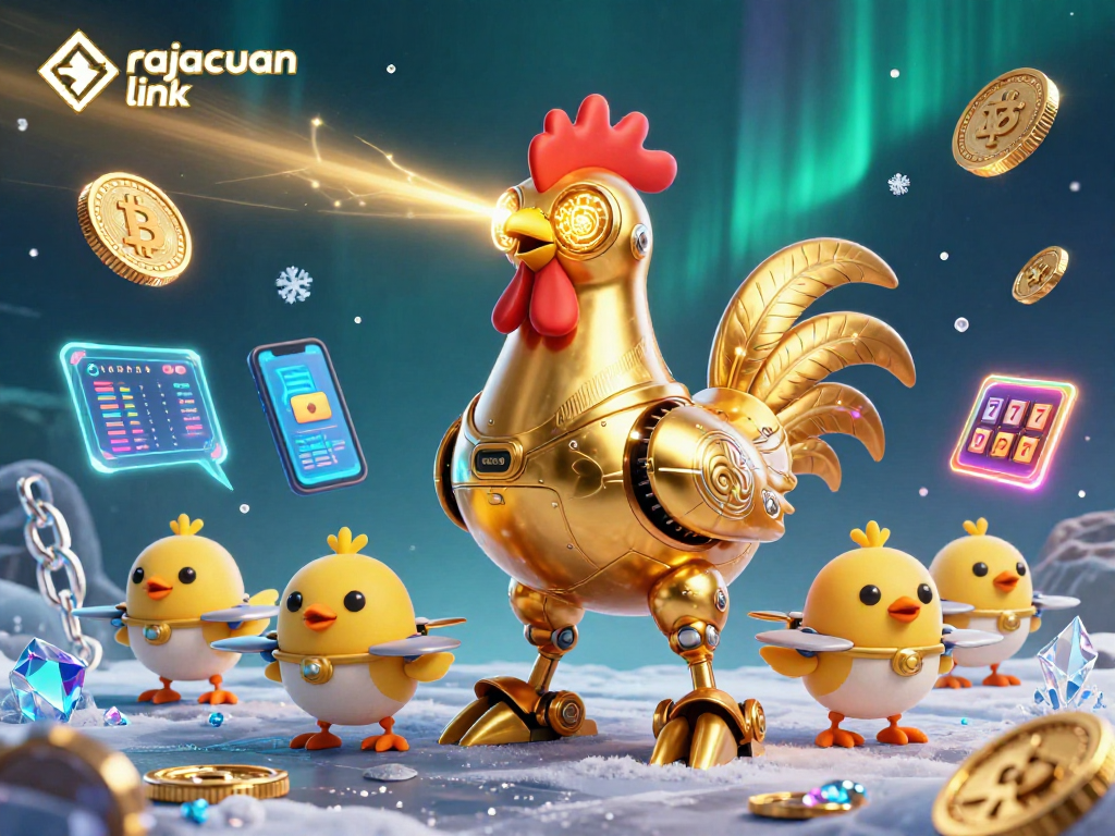 Engage with the rajacuan link as golden rooster robot shoots laser beams in a vibrant casino scene.