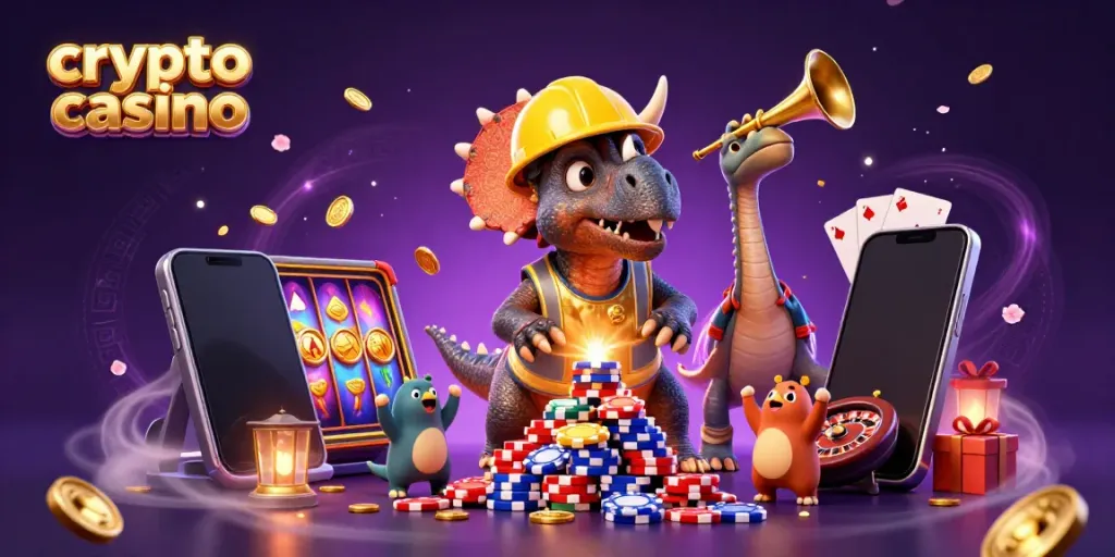 Join the excitement at a crypto casino with dinosaur mascots building poker chip towers and celebrating!