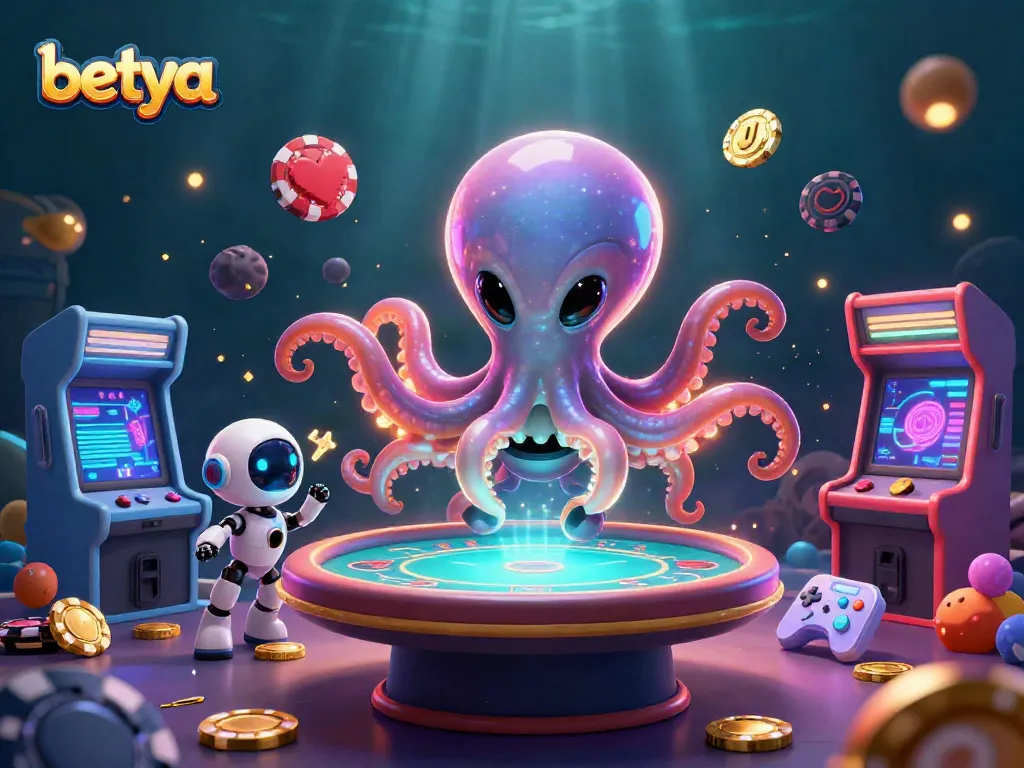 Betya features a vibrant 3D illustration of a gaming octopus and robot at a casino table.