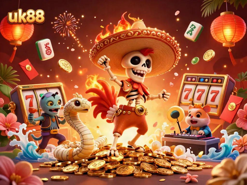 Join the excitement at uk88 with a vibrant scene of a fiesta-themed casino illustration featuring unique characters and gaming elements.
