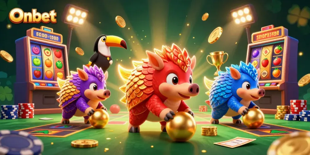 Onbet pangolins engage in a dynamic slot game showdown with vibrant golden elements and thrilling visuals.